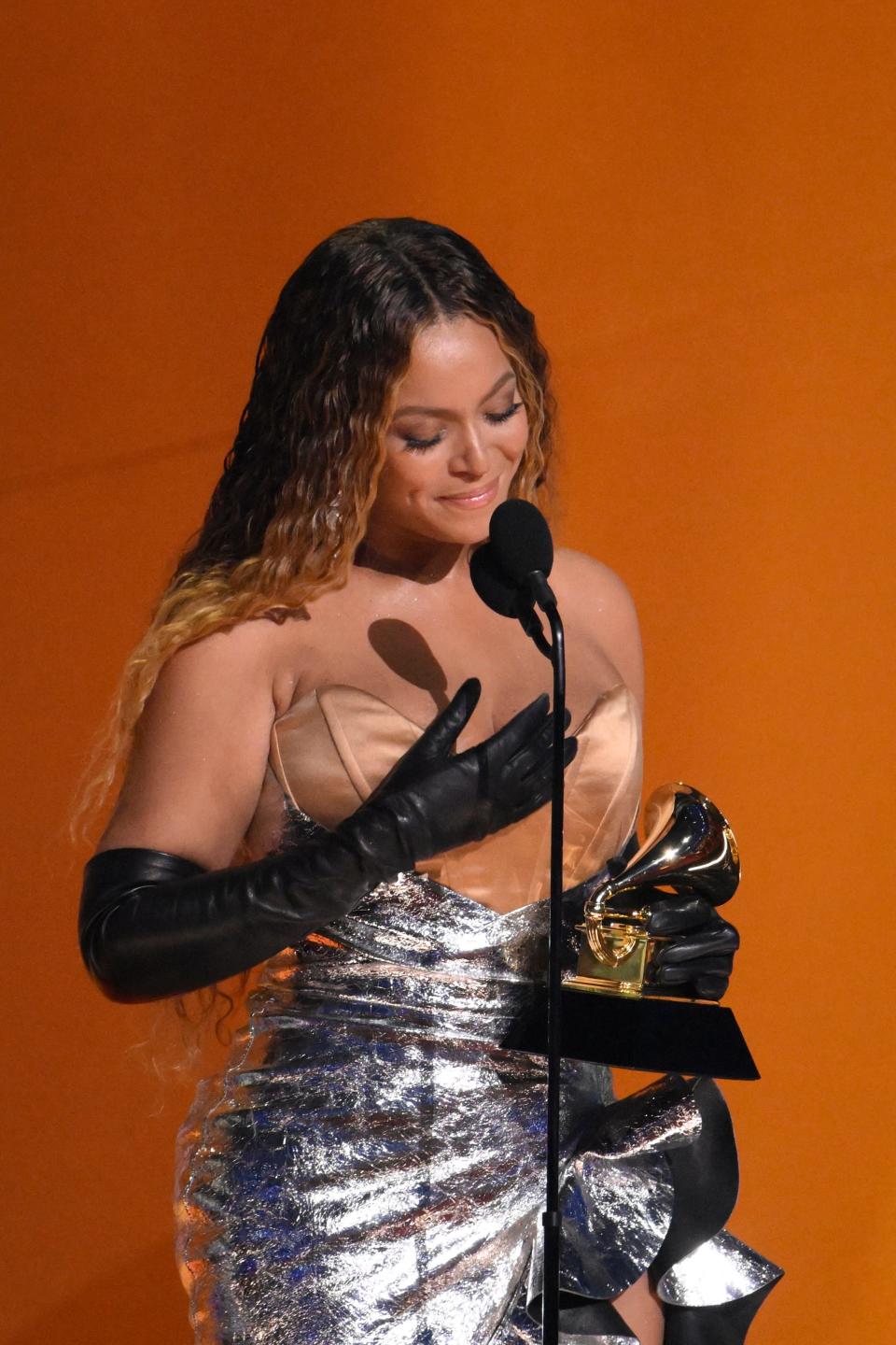 Beyoncé accepts the award for best dance/electronic music album for “Renaissance” becoming the all-time winner for the most Grammy Awards during the 65th Annual Grammy Awards at Crypto.com Arena in Los Angeles on Sunday, Feb. 5, 2023.