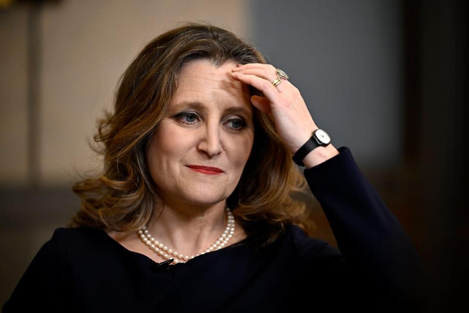 Deputy Prime Minister and Minister of Finance Chrystia Freeland waits for the start of a TV interview after tabling the federal budget on Parliament Hill in Ottawa, on Tuesday, April 16, 2024. THE CANADIAN PRESS/Justin Tang