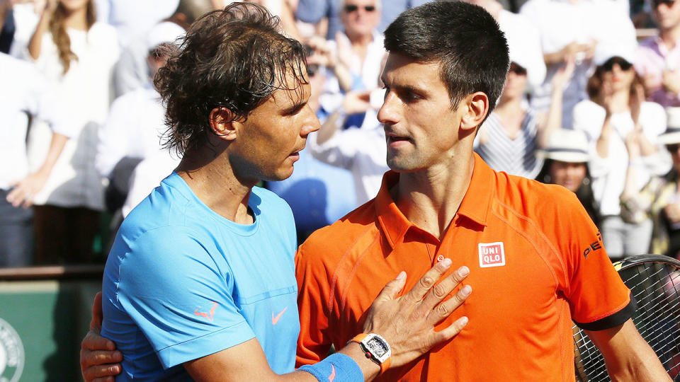 Rafa Nadal (pictured left) hugging and congratulating Novak Djokovic (pictured right) after a match at the French Open.