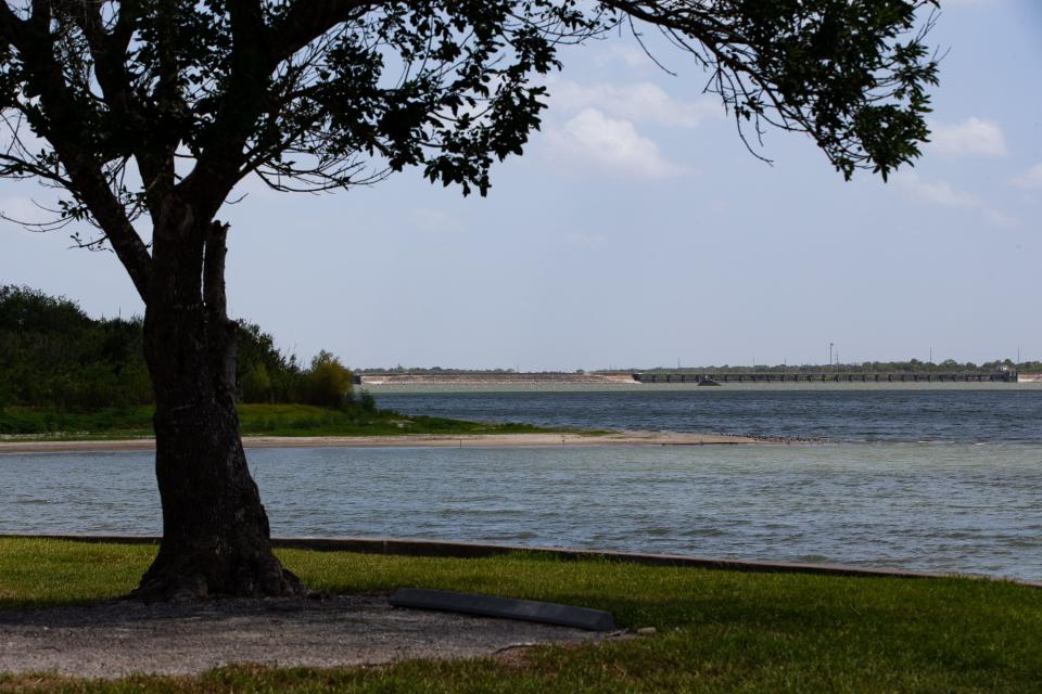 Low water levels expose extra shoreline at Lake Corpus Christi on Aug. 3, 2022, as the region experiences a prolonged drought.