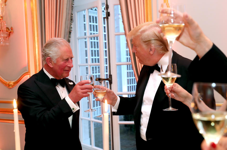 Britain's Prince Charles, Prince of Wales (L) attneds a dinner hosted by US President Donald Trump at Winfield House, the residence of the US Ambassador, where US President Trump is staying whilst in London, on June 4, 2019, on the second day of the US President's three-day State Visit to the UK. - US President Donald Trump turns from pomp and ceremony to politics and business on Tuesday as he meets Prime Minister Theresa May on the second day of a state visit expected to be accompanied by mass protests. (Photo by Chris Jackson / POOL / AFP)        (Photo credit should read CHRIS JACKSON/AFP/Getty Images)