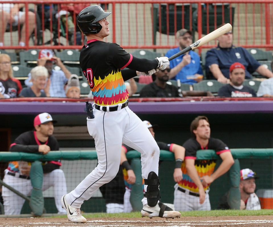 Erie SeaWolves batter Dillon Dingler hits a two-run double in the first inning against the Binghamton Rumble Ponies at UPMC Park in Erie on July 13, 2022.