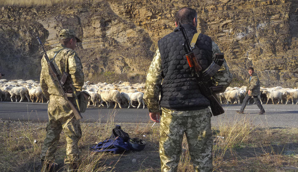 Ethnic Armenian soldier looks at flock of sheep driven away from the front line outside Berdzor, the separatist region of Nagorno-Karabakh, Sunday, Nov. 1, 2020. Fighting over the separatist territory of Nagorno-Karabakh entered sixth week on Sunday, with Armenian and Azerbaijani forces blaming each other for new attacks. (AP Photo)