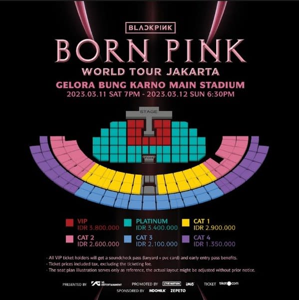 BLACKPINK世界巡演[BORN PINK]雅加達演唱會門票。這場演唱會將於2023年3月11日和12日連續兩天在雅加達的Bung Karno主體育場舉行。從2022年11月14日和15日開始，可以在tiket.com應用程序上購買門票。