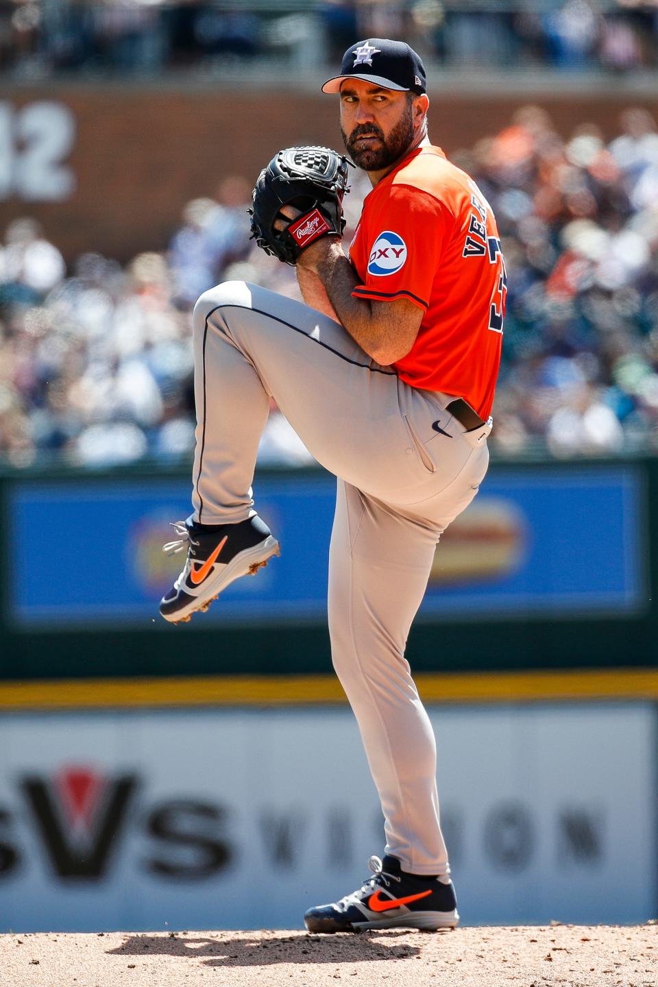 Houston Astros pitcher Justin Verlander (35) pitches against Detroit Tigers during the first inning at Comerica Park in Detroit on Sunday, May 12, 2024.