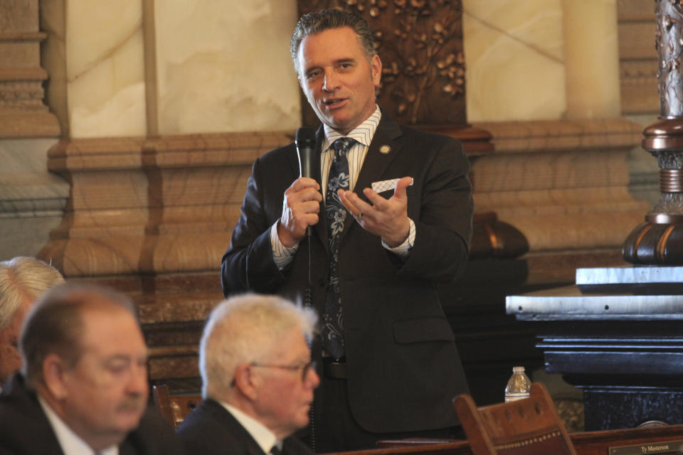 Kansas Senate President Ty Masterson, R-Andover, speaks during a debate at the Statehouse on Thursday, April 4, 2024, in Topeka, Kan. Masterson opposes proposal to expand the state's Medicaid program and legalizing medical marijuana, and efforts to force a debate on both have failed. (AP Photo/John Hanna)