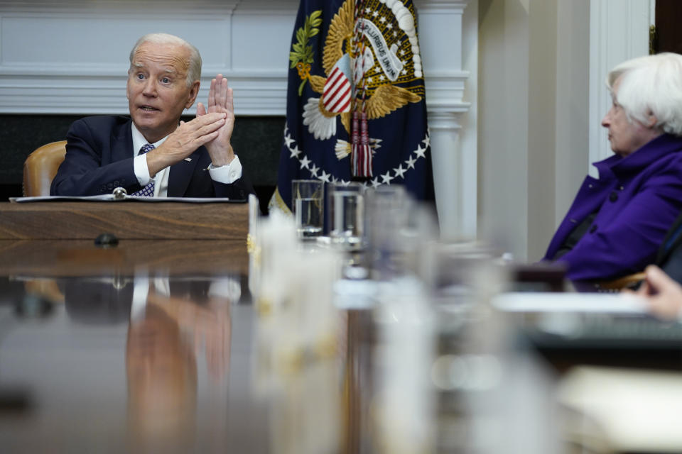 President Joe Biden speaks during a meeting with his 