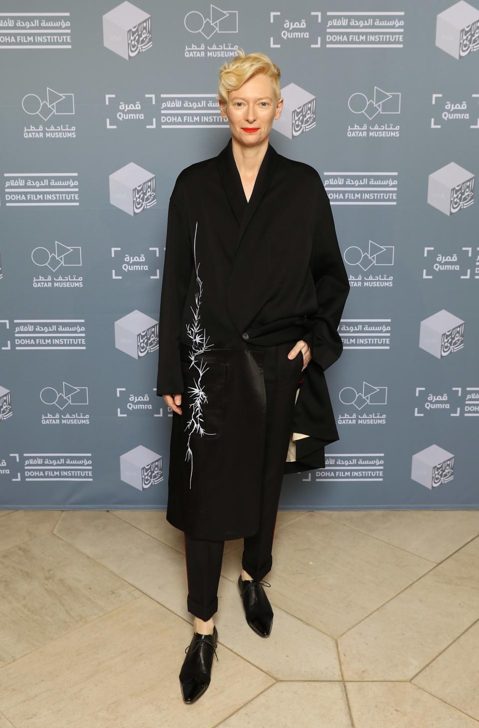 <p>WHO: Tilda Swinton</p> <p>WHAT: Haider Ackermann</p> <p>WHERE: At the <em>Okja</em> screening, Doha, Qatar</p> <p>WHEN: March 8, 2018</p>