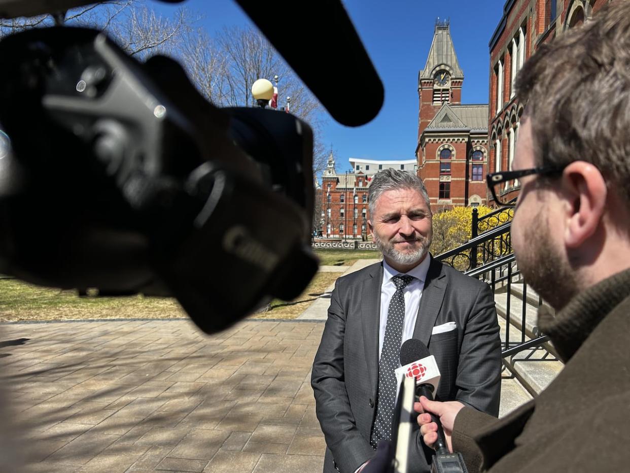 Joël Michaud, one of the lawyers for the unions representing school psychologists and teachers, says staff want to join the debate about whether Policy 713 breaches students' and staff's rights.  (Hadeel Ibrahim/CBC - image credit)