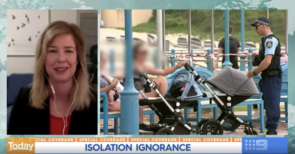 Ms Irvine is seen in a split screen with the image of the mums and police officer. Source: Channel Nine