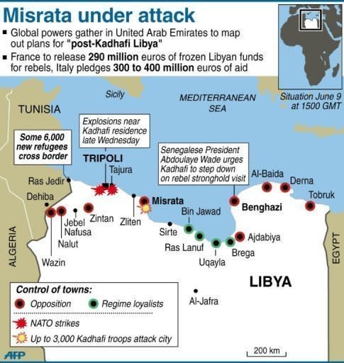 A map showing the latest battles in Libya, with Misrata under attack. Turkey says it has offered Moamer Kadhafi guarantees to leave Libya but has yet to receive a reply, while rebel forces say his forces have killed 20 people in a fierce assault on Misrata