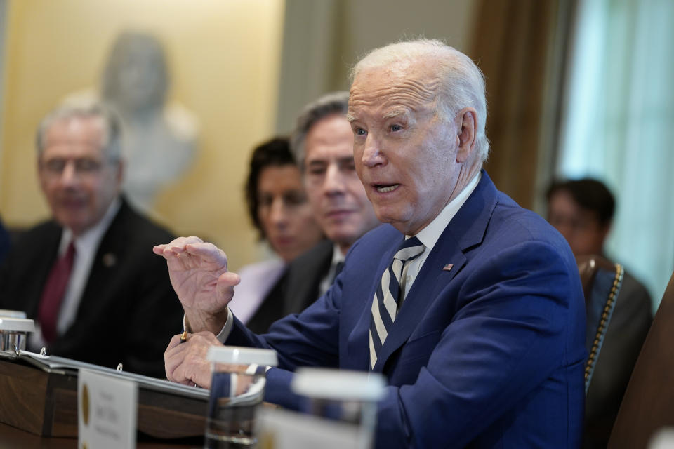 President Joe Biden speaks as he meets with European Council President Charles Michel and European Commission President Ursula von der Leyen in the Cabinet Room of the White House, Friday, Oct. 20, 2023, in Washington. (AP Photo/Evan Vucci)