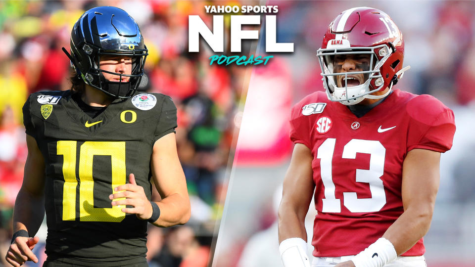 Terez Paylor and Charles Robinson debate the merits of Oregon's Justin Herbert and Alabama's Tua Tagovailoa on the latest Yahoo Sports NFL Podcast. (Photos L to R by: Brian Rothmuller/Icon Sportswire via Getty Images, Todd Kirkland/Getty Images)