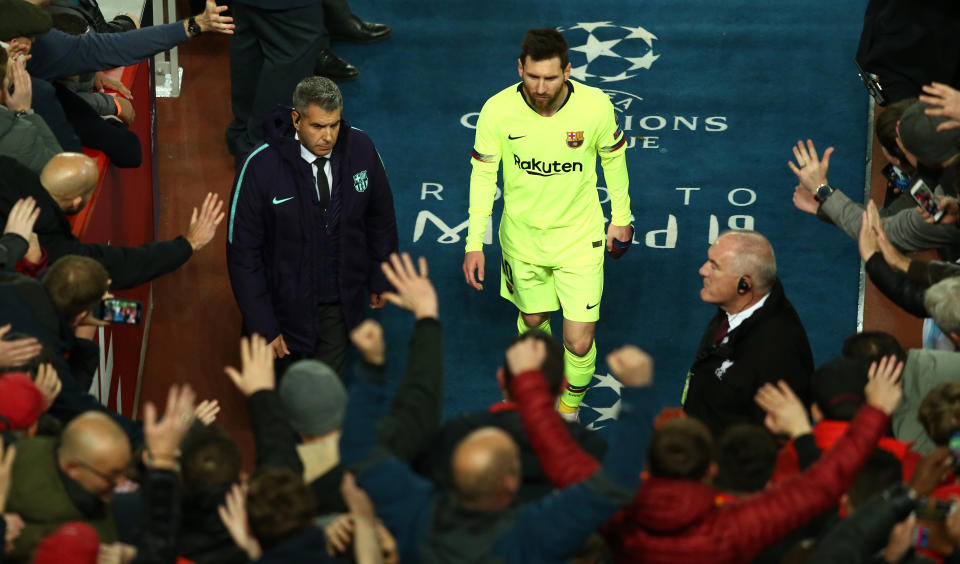 LIVERPOOL, ENGLAND - MAY 07: Lionel Messi of Barcelona makes his way back into the tunnel after the final whistle during the UEFA Champions League Semi Final second leg match between Liverpool and Barcelona at Anfield on May 07, 2019 in Liverpool, England. (Photo by Jan Kruger - UEFA/UEFA via Getty Images)