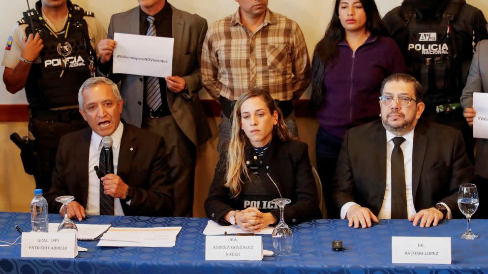 Andrea Gonzalez seen at a conference wearing a bulletproof vest, on August 10, 2023. - Karen Toro/Reuters