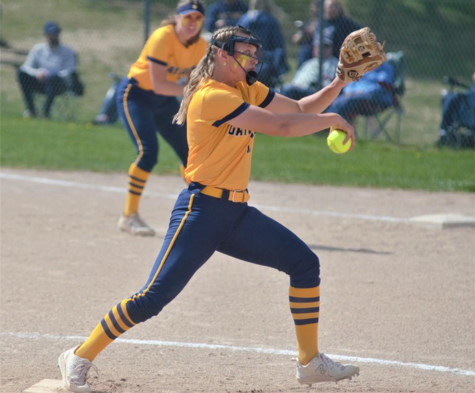 Jayden Jones pitches during a high school softball matchup between Gaylord and Traverse City Central on Tuesday, May 16.