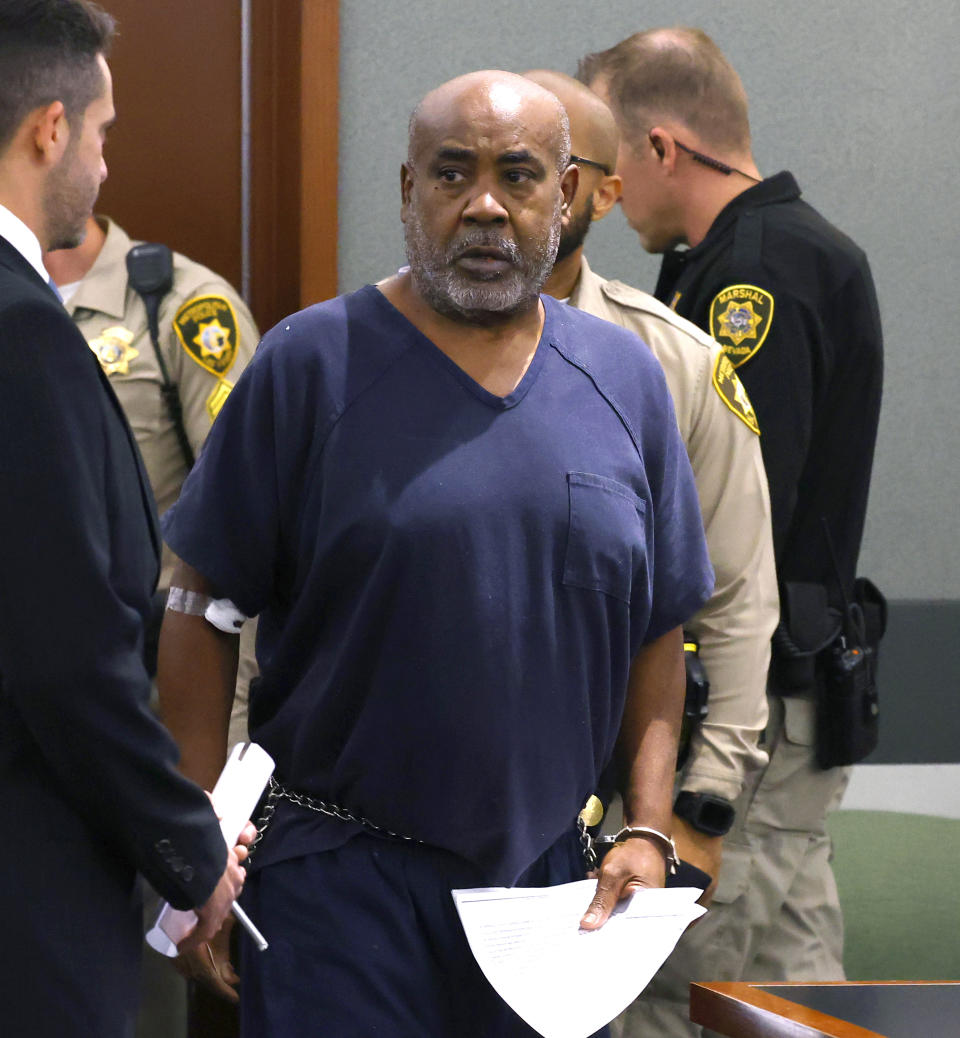 Duane "Keffe D" Davis is led into the courtroom at the Regional Justice Center on Wednesday, Oct. 4, 2023, in Las Vegas. Davis has been charged in the 1996 fatal drive-by shooting of rapper Tupac Shakur. (Bizuayehu Tesfaye/Las Vegas Review-Journal via AP, Pool)