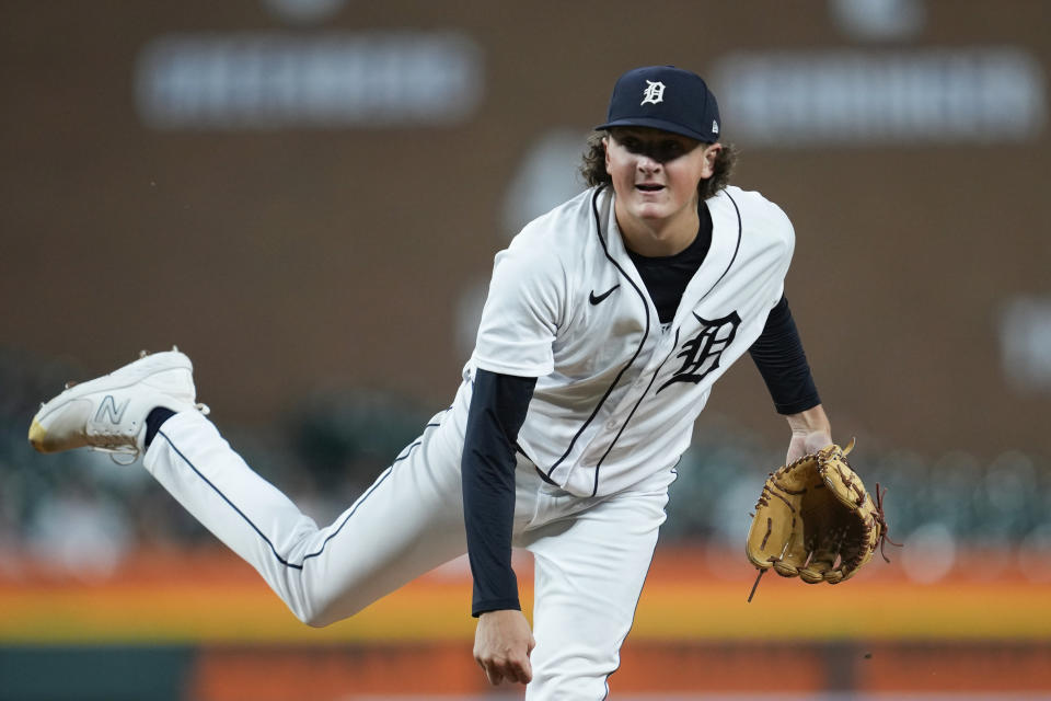 Detroit Tigers pitcher Reese Olson throws against Chicago White Sox in the seventh inning of a baseball game, Friday, Sept. 8, 2023, in Detroit. (AP Photo/Paul Sancya)