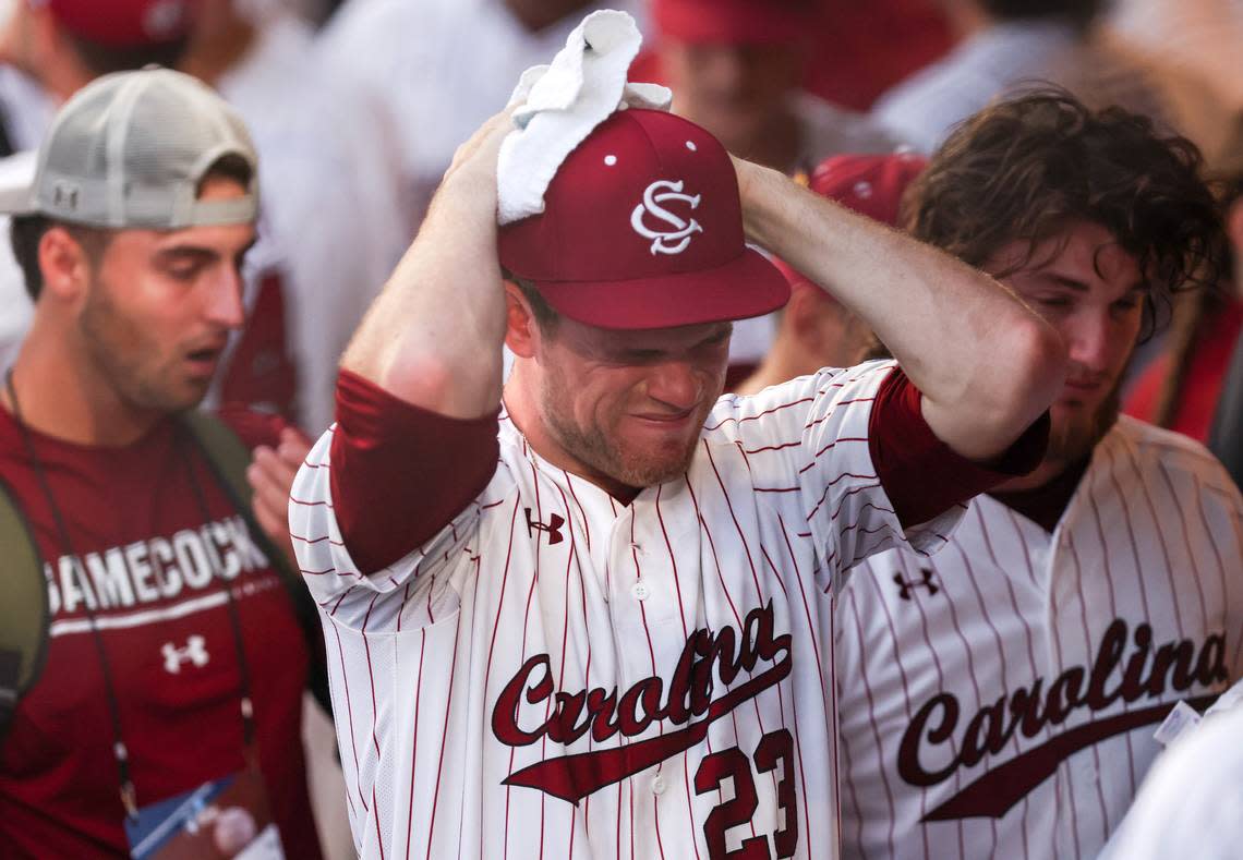 Jack Mahoney (23) of South Carolina reacts to his team’s loss to Florida in the Super Regional round of the 2023 NCAA College Baseball Championship at Condron Ballpark in Gainesville on Saturday, June 10, 2023.