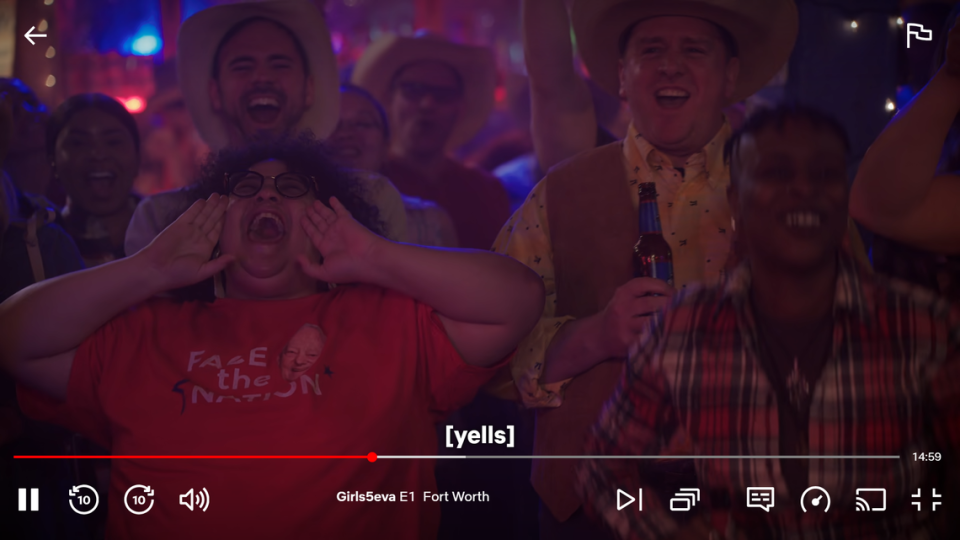 A concert goer wearing a “Face the Nation” shirt with Bob Schieffer’s face on it, appears in the season 3 premiere of “Girls5eva”.