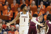 Virginia's Jayden Gardner (1) complains about a foul during the first half of an NCAA college basketball game against Florida State in Charlottesville, Va., Saturday, Dec. 3, 2022. (AP Photo/Mike Kropf)