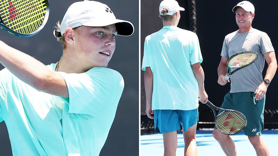 Cruz Hewitt, pictured here with father Lleyton at the Australian Open.
