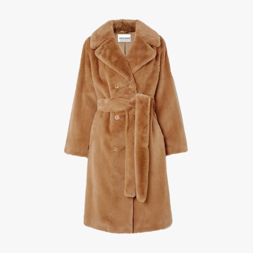 Stand Studio Faustine tan belted double-breasted faux-fur coat