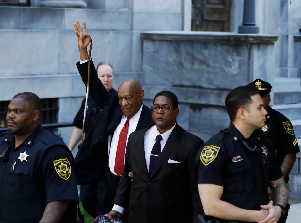 FILE - Bill Cosby gestures as he leaves the Montgomery County Courthouse on April 26, 2018, in Norristown, Pa., after he was convicted of drugging and molesting a woman in the first big celebrity trial of the #MeToo era. Pennsylvania’s highest court has overturned comedian Cosby’s sex assault conviction. The court said Wednesday, June 30, 2021, that they found an agreement with a previous prosecutor prevented him from being charged in the case. (AP Photo/Matt Slocum, File)