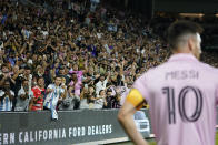 FILE - Fans cheer as Inter Miami forward Lionel Messi (10) waits for a corner kick during the second half of an MLS soccer match against Los Angeles FC, Sunday, Sept. 3, 2023, in Los Angeles. Messi, 36, has 11 goals and eight assists in 12 games across all competitions for Inter Miami. (AP Photo/Ryan Sun, File)