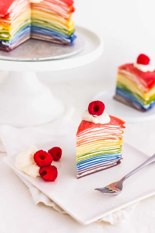 <p>Sift and Simmer</p><p>Whimsical, colourful, and sophisticated, this all-natural rainbow mille crepe cake will be sure to turn heads.</p><p><strong>Get the recipe: <a href="https://www.siftandsimmer.com/all-natural-rainbow-mille-crepe-cake/" rel="nofollow noopener" target="_blank" data-ylk="slk:All-Natural Rainbow Mille Crepe Cake;elm:context_link;itc:0;sec:content-canvas" class="link rapid-noclick-resp"><em>All-Natural Rainbow Mille Crepe Cake</em></a></strong></p>