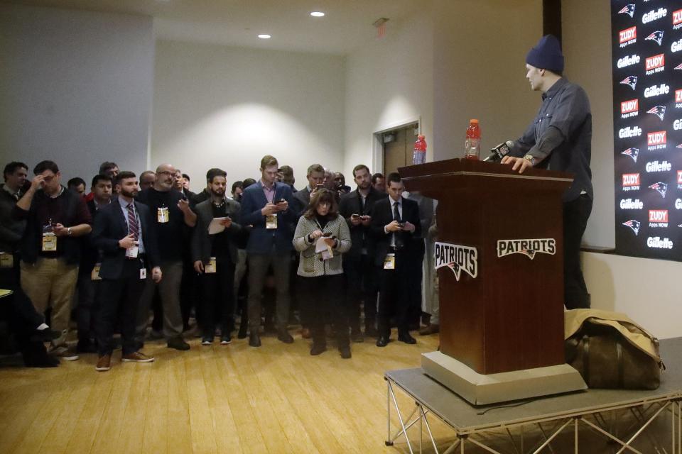 New England Patriots quarterback Tom Brady speaks to the media following an NFL wild-card playoff football game against the Tennessee Titans, Saturday, Jan. 4, 2020, in Foxborough, Mass. (AP Photo/Elise Amendola)