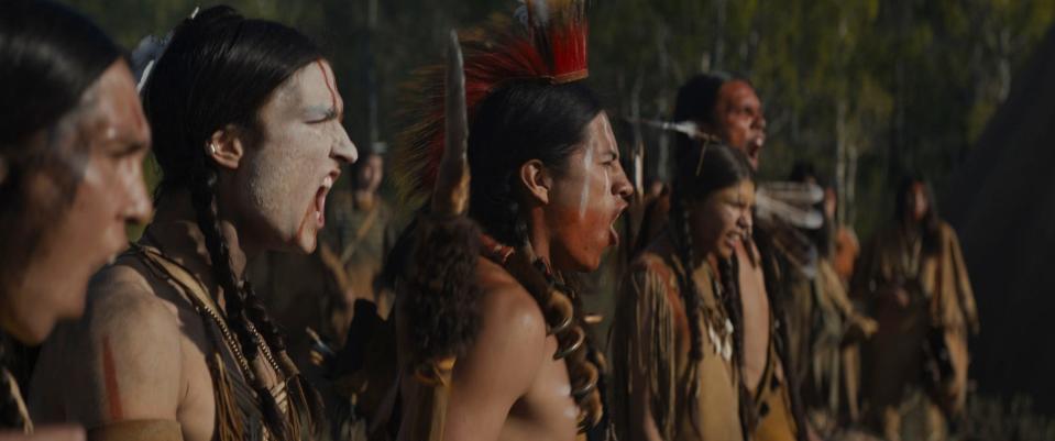 From left, Cody Big Tobacco plays Ania, Dakota Beavers as Taabe, Stormee Kipp as Wasape, Skye Pelletier as Tabu, and Tymon Carter as Huupi in 20th Century Studios' "Prey," debuting Aug. 5 exclusively on Hulu.