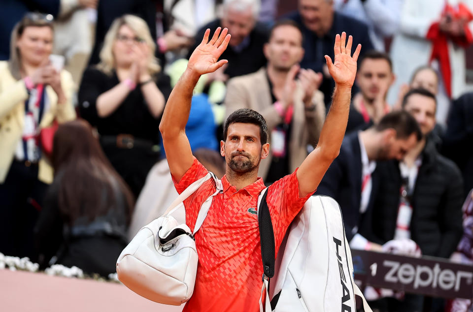 BANJA LUKA, BOSNIA AND HERZEGOVINA - APRIL 21: Novak Djokovic of Serbia salutes to the fans after the match against Dusan Lajovic of Serbia at the ATP 250 Srpska Open 2023 Quarterfinal match at National Tennis Center on April 21, 2023 in Banja Luka, Bosnia and Herzegovina. (Photo by Srdjan Stevanovic/Getty Images)