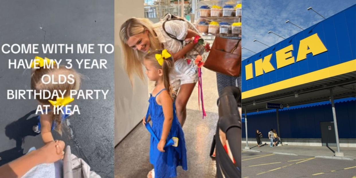 side by side images of an ikea store and tie tok posts of a girl's birthday party held in an ikea