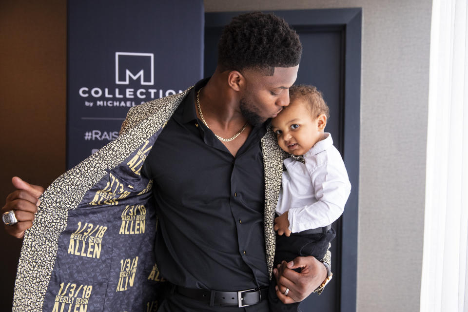 IMAGE DISTRIBUTED FOR JCPENNEY - Top NFL Draft prospect, Josh Allen, partnered with COLLECTION by Michael Strahan exclusively available at JCPenney to show off his style as he heads to the draft on Thursday, April 25, 2019 in Nashville, Tenn. Allen personalized his jacket liner to honor his son Wesley. (Brett Carlsen/AP Images for JCPenney)