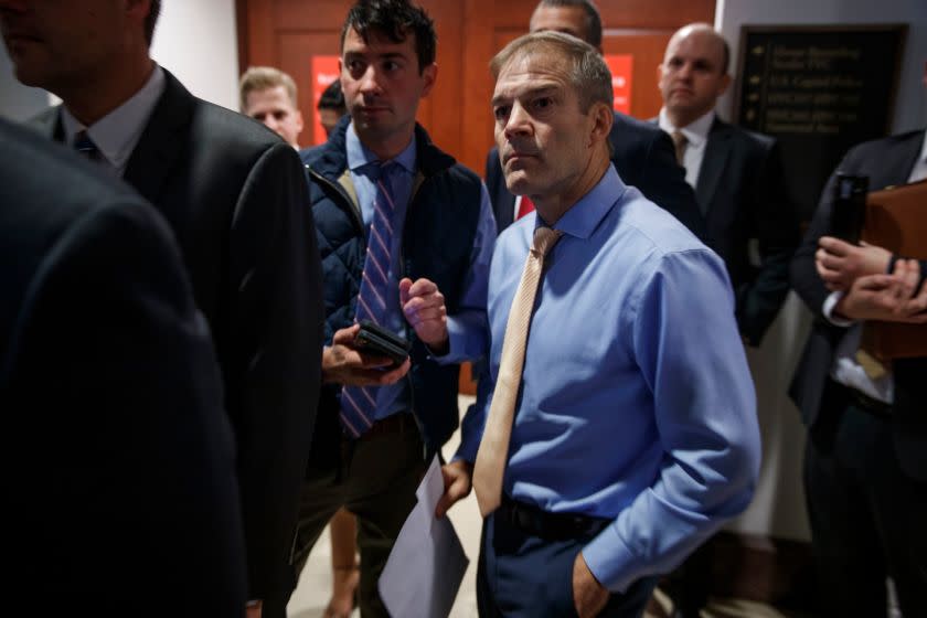 Mandatory Credit: Photo by SHAWN THEW/EPA-EFE/REX (10439005b) Republican Representative from Ohio Jim Jordan listens as Democratic Representative from California and Chairman of the Permanent Select Committee on Intelligence Adam Schiff (not pictured) delivers remarks to reporters at the US Capitol on Capitol Hill in Washington, DC, USA, 08 October 2019. Gordon Sondland, the United States ambassador to the European Union, was directed not to speak to investigators of three House committees conducting an impeachment inquiry centered on US President Donald J. Trump, according to media reports. Jim Jordan at US Capitol, Washington, USA - 08 Oct 2019 ** Usable by LA, CT and MoD ONLY **