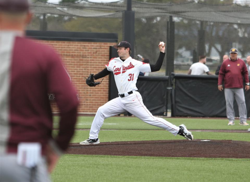 Ball State junior pitcher Tyler Schweitzer throws a pitch during a baseball game against Central Michigan at Ball Diamond at First Merchants Ballpark Complex Friday, April 29, 2022.