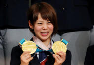 Pyeongchang 2018 Winter Olympics Women's speed skating gold medallist Nana Takagi attends a news conference with other medalists upon their return from the Pyeongchang Winter Games, in Tokyo, Japan, February 26, 2018. REUTERS/Toru Hanai