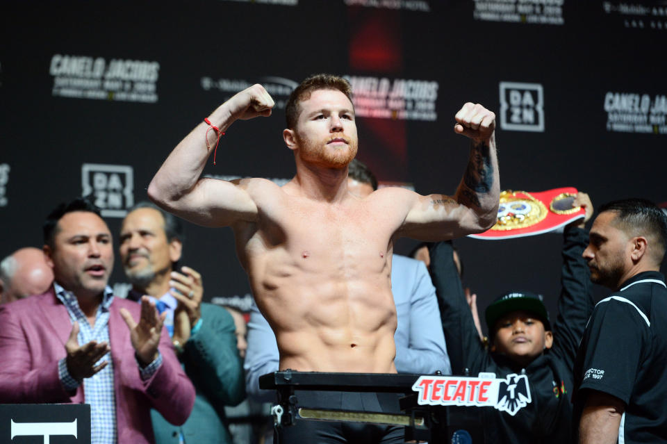 May 3, 2019; Las Vegas, NV, USA; Canelo Alvarez weighs in for the middleweight world championship boxing match against Daniel Jacobs (not pictured) at T-Mobile Arena. Mandatory Credit: Joe Camporeale-USA TODAY Sports