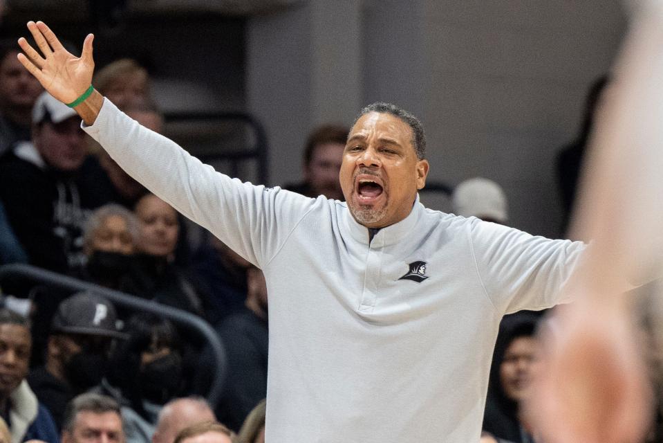 Providence head coach Ed Cooley shouts during the first half of an NCAA college basketball game against Villanova, Tuesday, March 1, 2022, in Villanova, Pa. (AP Photo/Laurence Kesterson)