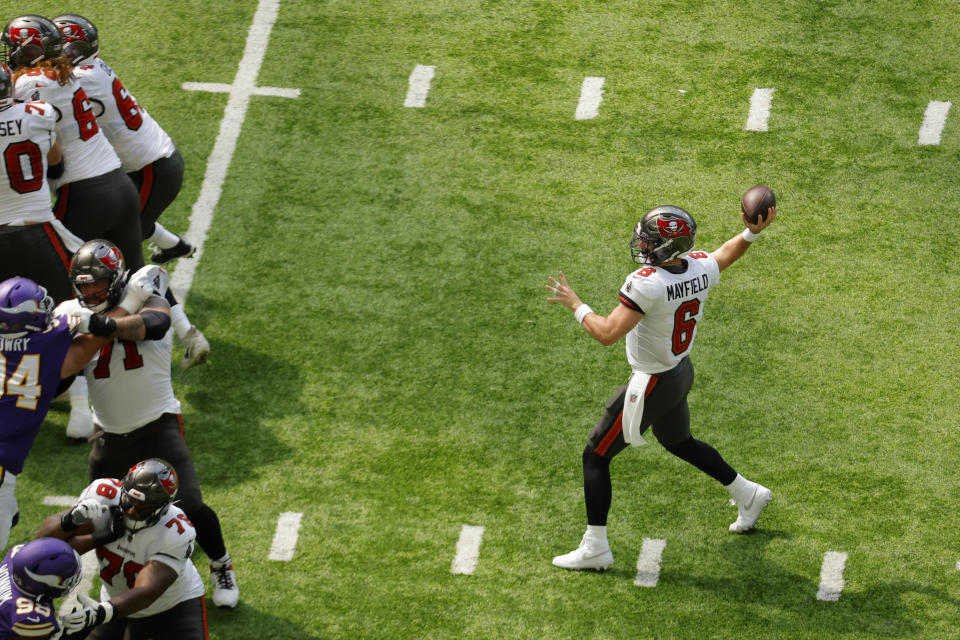 Tampa Bay Buccaneers quarterback Baker Mayfield (6) throws a pass during the first half of an NFL football game against the Minnesota Vikings, Sunday, Sept. 10, 2023, in Minneapolis. (AP Photo/Bruce Kluckhohn)