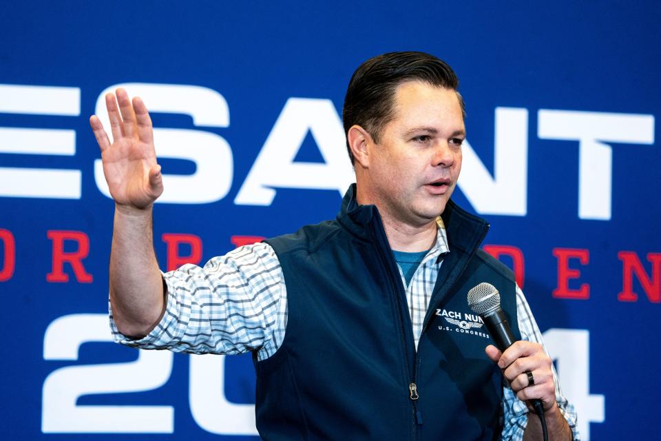 U.S. Rep. Zach Nunn introduces Republican presidential candidate Ron DeSantis during a campaign event at Waukee Community Center on Wednesday, Jan. 3, 2024, in Waukee.