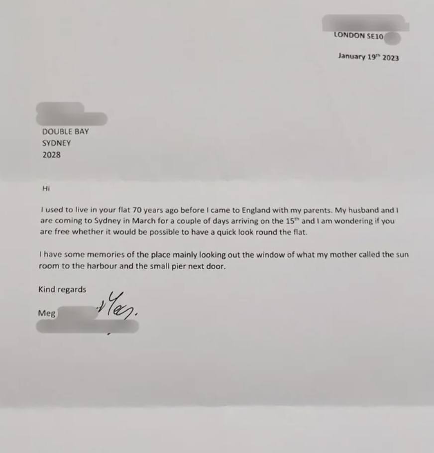 A typed letter asking for "a quick look round the flat"