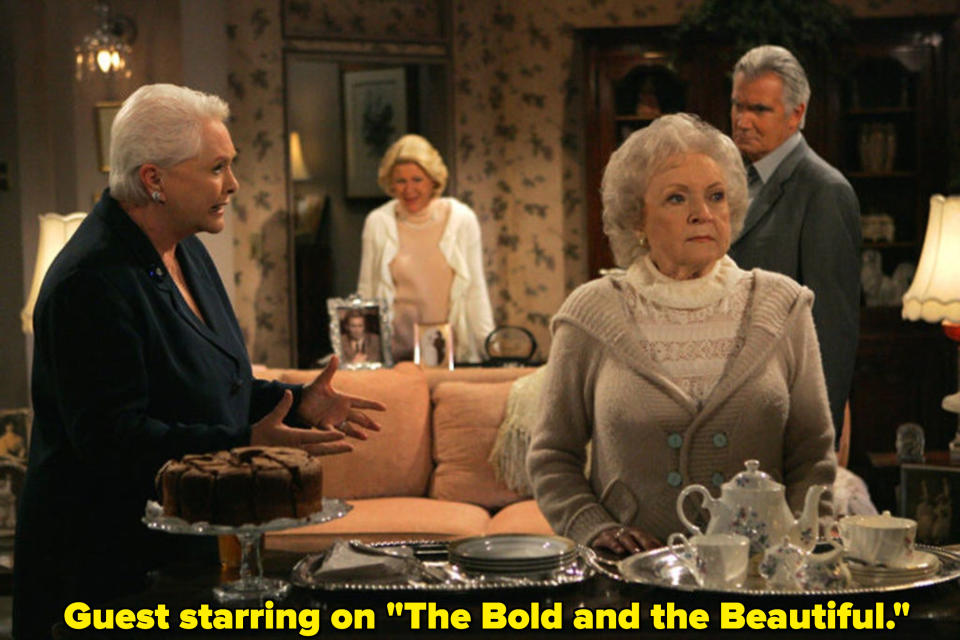 Betty White looking away as another woman talks to her on "The Bold and the Beautiful"