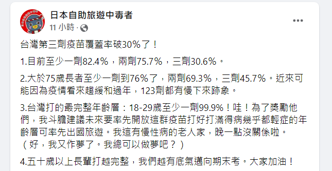 99.9%的18至29歲族群都打過疫苗，林氏璧建議可以開放優先出國。（圖／翻攝自Facebook）