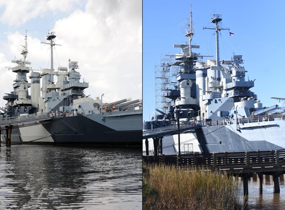 A look at the Battleship North Carolina in 2012, left, and 2022. The Battleship's walkway and cofferdam were completed in 2018.   [MATT BORN/STARNEWS]