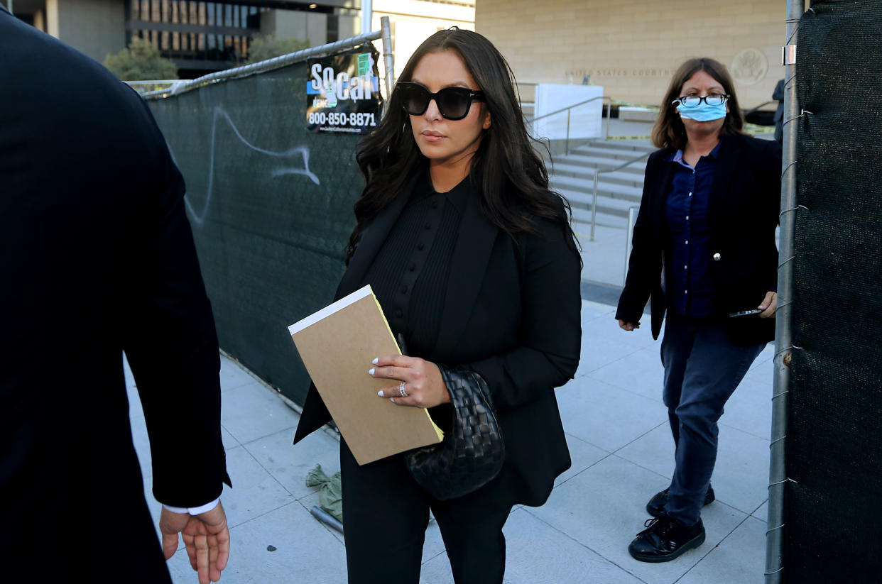 LOS ANGELES, CALIF. - AUG. 10, 2022. Vanessa Bryant, the widow of Lakers superstar Kobe Bryant, leaves the U.S. Courthouse in downtown Los Angeles on Wednesday, Aug. 9, 2022. She is suing the county for graphic photos taken by first responders at the scene of the helicopter crash that killed her husband. (Luis Sinco / Los Angeles Times via Getty Images)