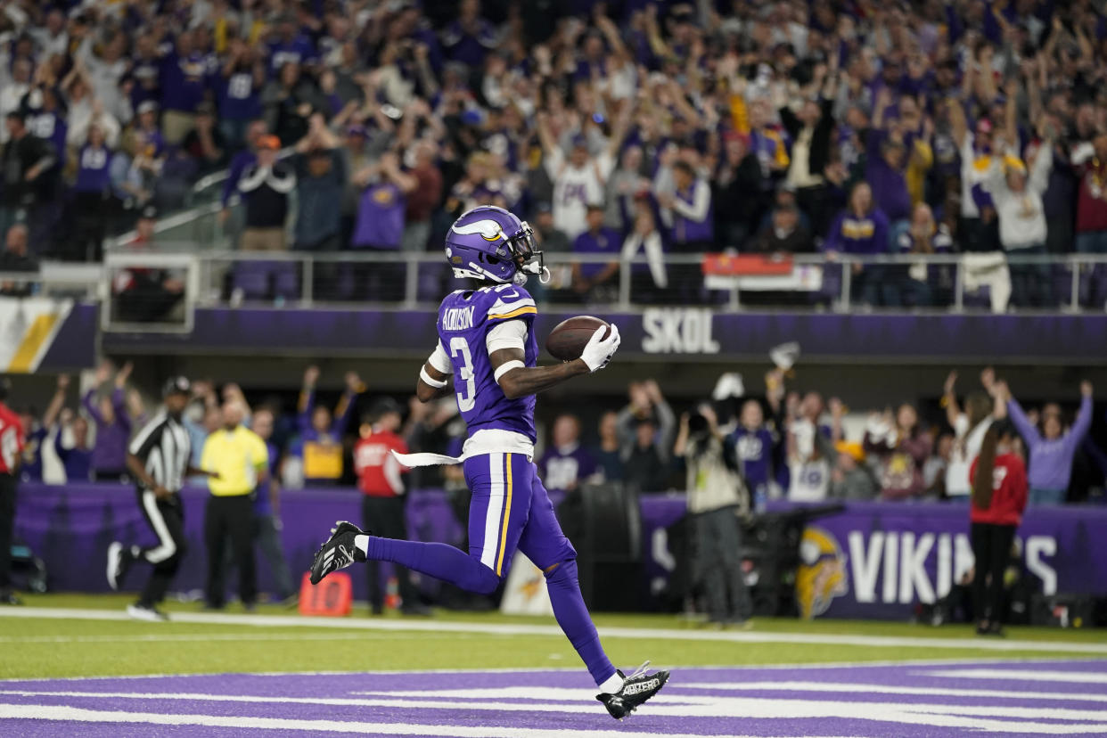 Minnesota Vikings wide receiver Jordan Addison (3) scores on a 60-yard touchdown late in the first half against the 49ers. (AP Photo/Abbie Parr)