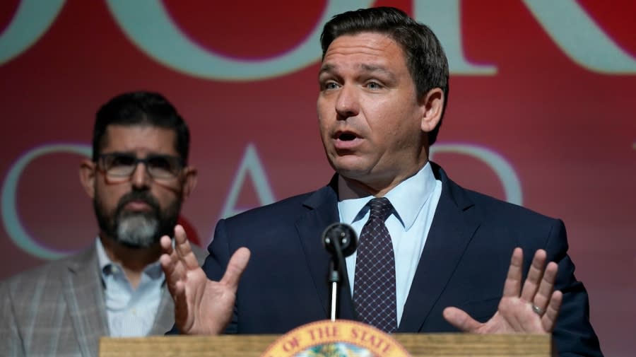 Florida Gov. Ron DeSantis (R) speaks on at the Doral Academy Preparatory School