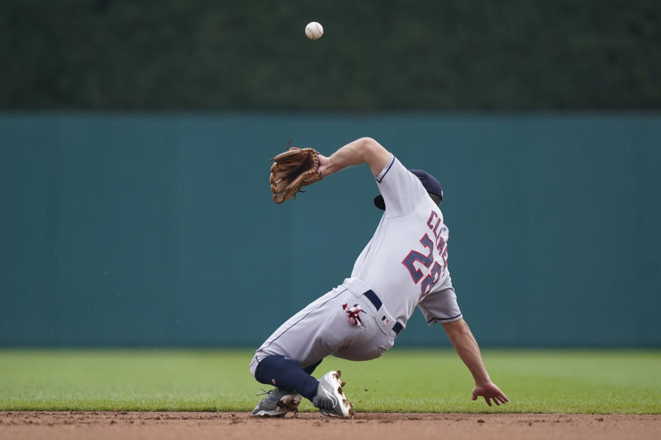 Cleveland Guardians second baseman Ernie Clement misplays the single hit by Detroit Tigers' Kody Clemens during the second inning of a baseball game, Wednesday, July 6, 2022, in Detroit. (AP Photo/Carlos Osorio)